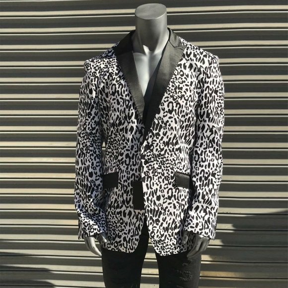 Men’s Black-White Leopard Fashion PromWeddingTuxedoBlazerJacket